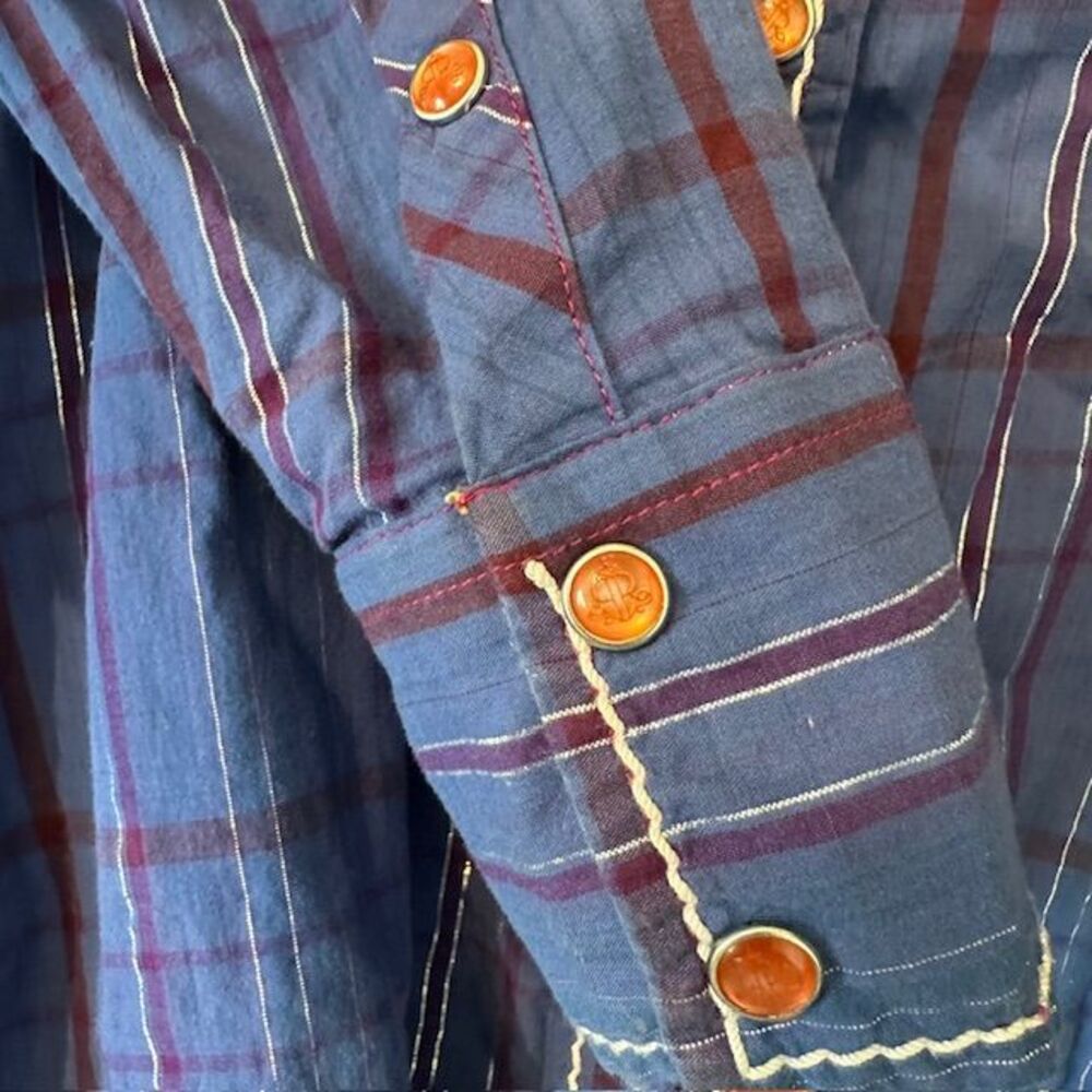 Roar Embroidered Western Plaid Shirt Orange Rhinestone Embellished Button Up Med - Picture 8 of 15